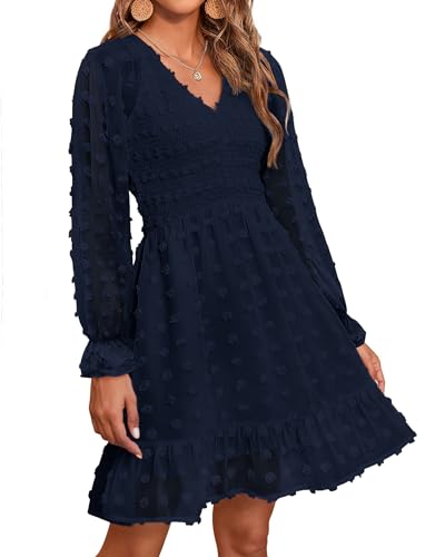 BTFBM Women V Neck Smocked Short Dress Long Sleeve Flowy Casual SwissDot Ruffle Mini Babydoll Spring Summer Dresses 2024(Solid Navy, XX-Large)