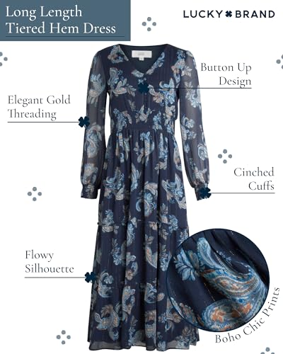 Lucky Brand Women's Summer Dress - Long Sleeve V Neck Flowy Midi, Maxi Dress - Boho Spring Wedding Guest Dress for Women, Size Medium, Navy Floral- Maxi