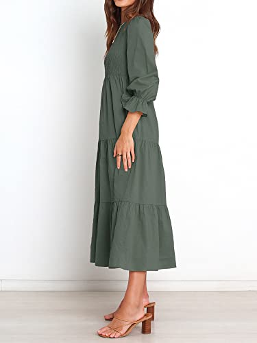 BTFBM Women Casual Long Sleeve Dress Fall Dresses 2024 Solid Color Relaxed Fit Smocked Tiered Flowy Boho Long Dresses(Solid Army Green,Small)
