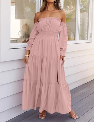 ZESICA Women's 2024 Boho Sexy Off Shoulder Long Sleeve Smocked High Waist Side Split Flowy A Line Tiered Long Maxi Dress,Pink,X-Large