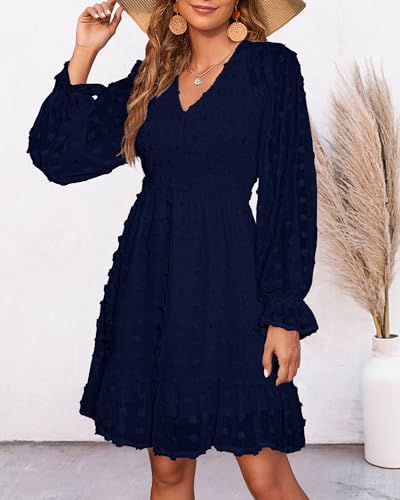 BTFBM Women V Neck Smocked Short Dress Long Sleeve Flowy Casual SwissDot Ruffle Mini Babydoll Spring Summer Dresses 2024(Solid Navy, XX-Large)