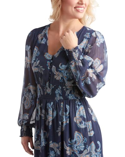 Lucky Brand Women's Summer Dress - Long Sleeve V Neck Flowy Midi, Maxi Dress - Boho Spring Wedding Guest Dress for Women, Size Medium, Navy Floral- Maxi