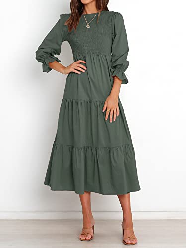 BTFBM Women Casual Long Sleeve Dress Fall Dresses 2024 Solid Color Relaxed Fit Smocked Tiered Flowy Boho Long Dresses(Solid Army Green,Small)