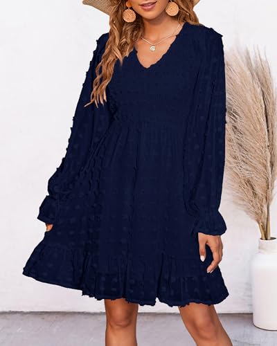 BTFBM Women V Neck Smocked Short Dress Long Sleeve Flowy Casual SwissDot Ruffle Mini Babydoll Spring Summer Dresses 2024(Solid Navy, XX-Large)