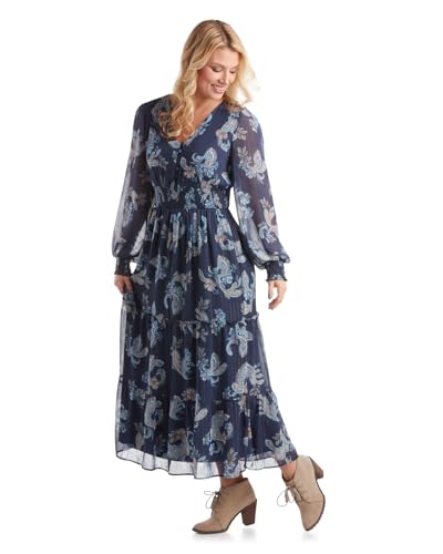 Lucky Brand Women's Summer Dress - Long Sleeve V Neck Flowy Midi, Maxi Dress - Boho Spring Wedding Guest Dress for Women, Size Medium, Navy Floral- Maxi