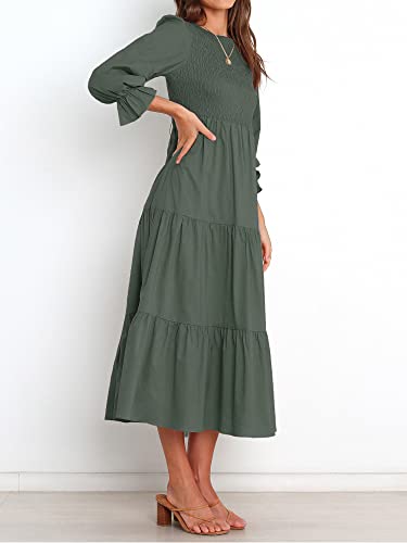 BTFBM Women Casual Long Sleeve Dress Fall Dresses 2024 Solid Color Relaxed Fit Smocked Tiered Flowy Boho Long Dresses(Solid Army Green,Small)