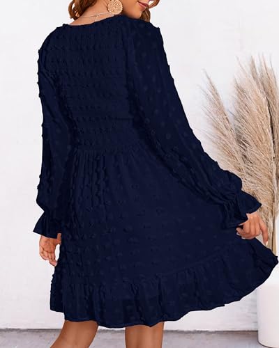 BTFBM Women V Neck Smocked Short Dress Long Sleeve Flowy Casual SwissDot Ruffle Mini Babydoll Spring Summer Dresses 2024(Solid Navy, XX-Large)