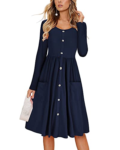 KILIG Womens Casual Fall Dresses Button Knee Length Long Sleeve Dress with Pockets(D1-Navy,Large)