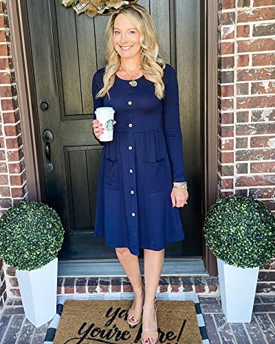 KILIG Womens Casual Fall Dresses Button Knee Length Long Sleeve Dress with Pockets(D1-Navy,Large)
