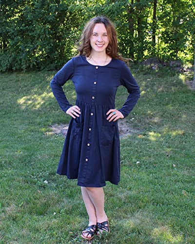 KILIG Womens Casual Fall Dresses Button Knee Length Long Sleeve Dress with Pockets(D1-Navy,Large)