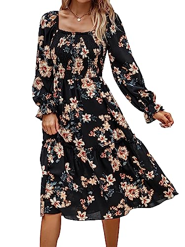PRETTYGARDEN Women's Long Sleeve Midi Dresses 2023 Square Neck Floral Aline Boho Fall Casual Smocked Dress
