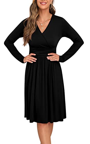 GRECERELLE Long Sleeve Dress for Women, Casual Fall Dress, Black Dresses, Wrap V-Neck Party Dress(Black, Small)