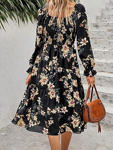 PRETTYGARDEN Women's Long Sleeve Midi Dresses 2023 Square Neck Floral Aline Boho Fall Casual Smocked Dress