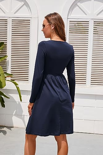 KILIG Womens Casual Fall Dresses Button Knee Length Long Sleeve Dress with Pockets(D1-Navy,Large)