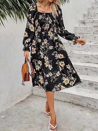 PRETTYGARDEN Women's Long Sleeve Midi Dresses 2023 Square Neck Floral Aline Boho Fall Casual Smocked Dress