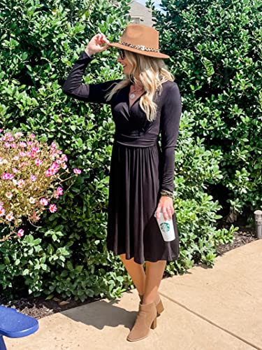 GRECERELLE Long Sleeve Dress for Women, Casual Fall Dress, Black Dresses, Wrap V-Neck Party Dress(Black, Small)