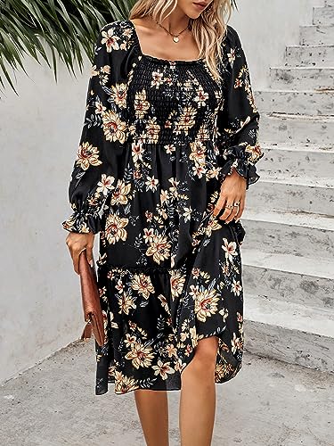 PRETTYGARDEN Women's Long Sleeve Midi Dresses 2023 Square Neck Floral Aline Boho Fall Casual Smocked Dress