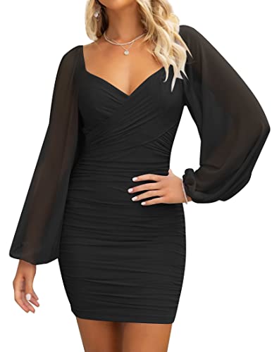ZESICA Women's Sexy V Neck Ruched Bodycon Mini Dress Puff Long Sleeve Cocktail Wedding Party Short Dresses,Black,Large