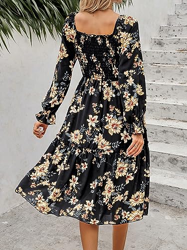 PRETTYGARDEN Women's Long Sleeve Midi Dresses 2023 Square Neck Floral Aline Boho Fall Casual Smocked Dress