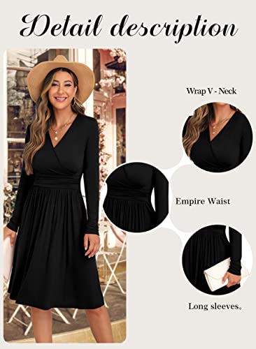 GRECERELLE Long Sleeve Dress for Women, Casual Fall Dress, Black Dresses, Wrap V-Neck Party Dress(Black, Small)