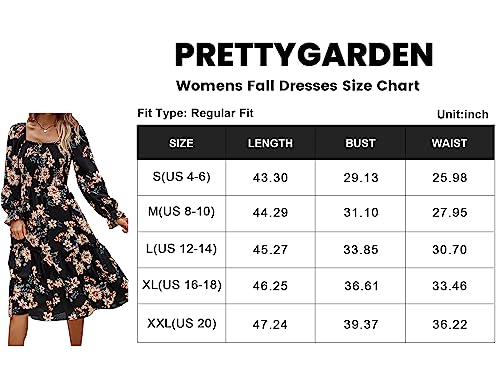 PRETTYGARDEN Women's Long Sleeve Midi Dresses 2023 Square Neck Floral Aline Boho Fall Casual Smocked Dress