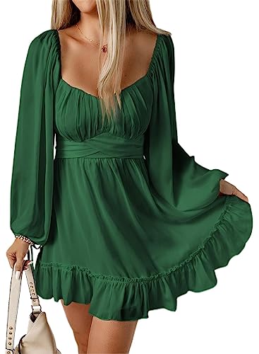 Acelitt Long Sleeve Wedding Guest Dress for Women 2024 Spring Fashion Ruffle A Line Tiered Swing Mini Dresses Green Medium