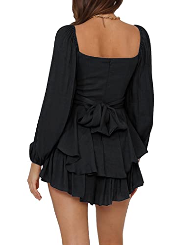 LYANER Women's Jumpsuit Lantern Long Sleeve Ruffle Layer Tie Mini Short Romper Solid Black Small