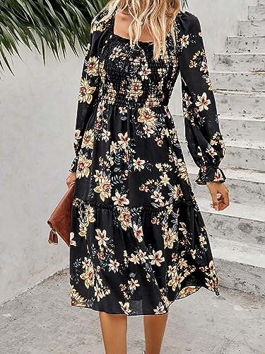 PRETTYGARDEN Women's Long Sleeve Midi Dresses 2023 Square Neck Floral Aline Boho Fall Casual Smocked Dress