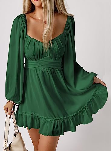 Acelitt Long Sleeve Wedding Guest Dress for Women 2024 Spring Fashion Ruffle A Line Tiered Swing Mini Dresses Green Medium