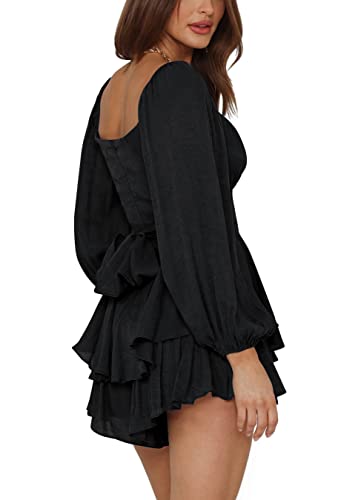 LYANER Women's Jumpsuit Lantern Long Sleeve Ruffle Layer Tie Mini Short Romper Solid Black Small