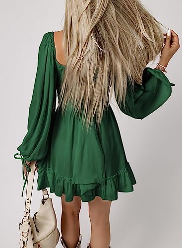 Acelitt Long Sleeve Wedding Guest Dress for Women 2024 Spring Fashion Ruffle A Line Tiered Swing Mini Dresses Green Medium