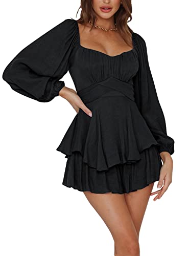LYANER Women's Jumpsuit Lantern Long Sleeve Ruffle Layer Tie Mini Short Romper Solid Black Small