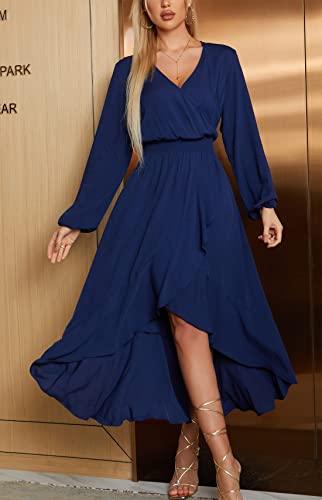 Kormei Women Long Sleeve V Neck Floral High Low Flowy Party Long Maxi Dress L D10-Blue