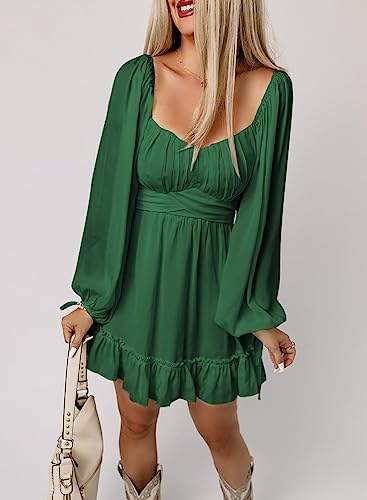 Acelitt Long Sleeve Wedding Guest Dress for Women 2024 Spring Fashion Ruffle A Line Tiered Swing Mini Dresses Green Medium
