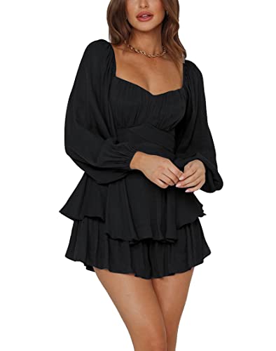LYANER Women's Jumpsuit Lantern Long Sleeve Ruffle Layer Tie Mini Short Romper Solid Black Small