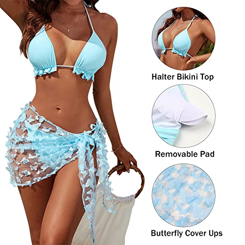 Blooming Jelly Womens 3 Piece Swimsuits Triangle Halter Thong Bikini Set Butterfly Bathing Suits Sarongs(Small, Blue)