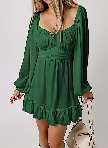 Acelitt Long Sleeve Wedding Guest Dress for Women 2024 Spring Fashion Ruffle A Line Tiered Swing Mini Dresses Green Medium