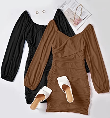 ZESICA Women's Sexy V Neck Ruched Bodycon Mini Dress Puff Long Sleeve Cocktail Wedding Party Short Dresses,Black,Large