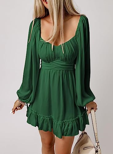 Acelitt Long Sleeve Wedding Guest Dress for Women 2024 Spring Fashion Ruffle A Line Tiered Swing Mini Dresses Green Medium