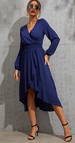 Kormei Women Long Sleeve V Neck Floral High Low Flowy Party Long Maxi Dress L D10-Blue