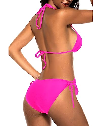 Tempt Me Women Hot Pink Triangle Bikini Sets Halter Two Piece Sexy Swimsuit String Tie Side Bathing Suit L