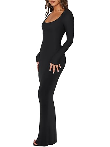 REORIA Womens Sexy Casual Scoop Square Neck Long Sleeve Soft Lounge Long Dress Fall Wedding Guest Elegant Ribbed Bodycon Maxi Dresses Black Medium