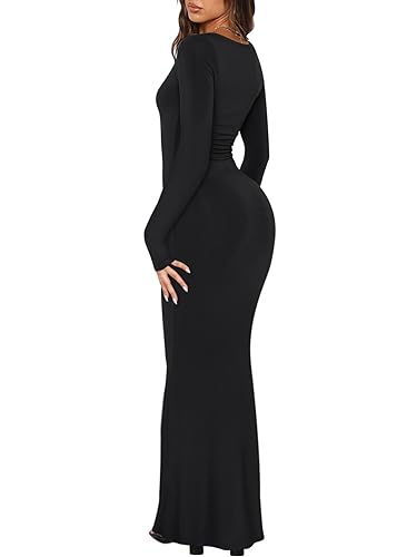 REORIA Womens Sexy Casual Scoop Square Neck Long Sleeve Soft Lounge Long Dress Fall Wedding Guest Elegant Ribbed Bodycon Maxi Dresses Black Medium