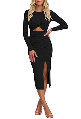 Pink Queen Women's Crew Neck Long Sleeve Midi Dress Cutout Twist Ruched Party Cocktail Bodycon Slit Knit Dresses Black S