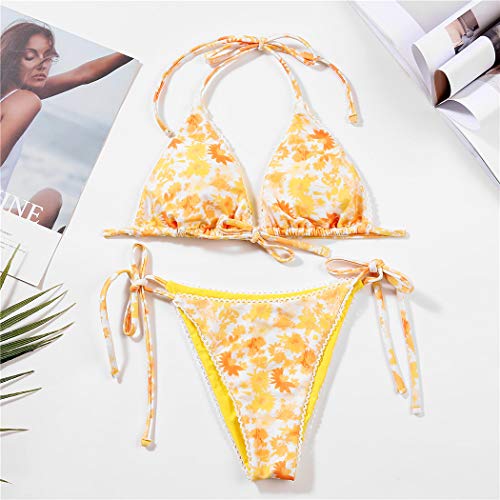 Women's Two Piece Bikini Swimsuit Set Floral Padded Top Tie Side Triangle Thong Bathing Suit Yellow