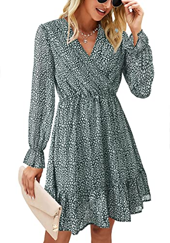 KIRUNDO Women's 2024 Spring Dresses Casual Long Sleeve Floral Print V Neck Ruffle High Waist Flowy Mini Dress with Belt(Dark Green, X-Large)