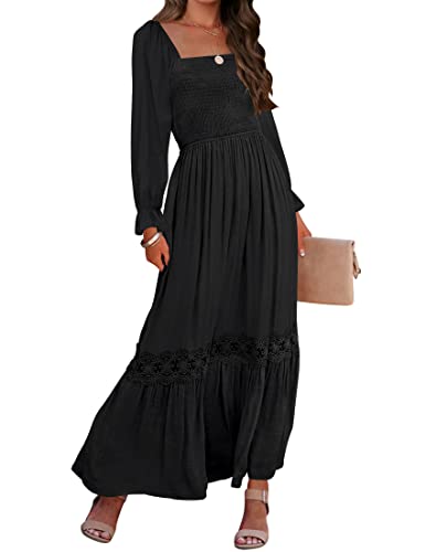 ZESICA Women's 2024 Boho Long Sleeve Square Neck Smocked High Waist Flowy A Line Lace Trim Maxi Dress Black
