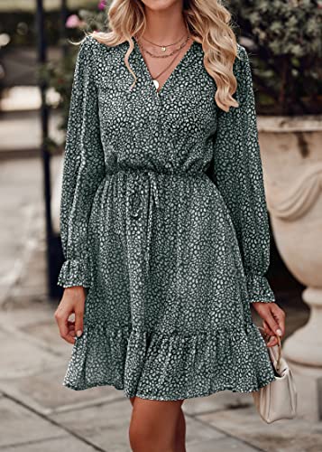 KIRUNDO Women's 2024 Spring Dresses Casual Long Sleeve Floral Print V Neck Ruffle High Waist Flowy Mini Dress with Belt(Dark Green, X-Large)