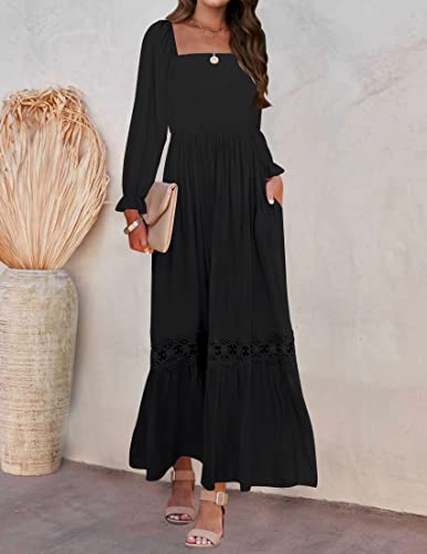 ZESICA Women's 2024 Boho Long Sleeve Square Neck Smocked High Waist Flowy A Line Lace Trim Maxi Dress Black