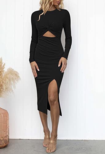 Pink Queen Women's Crew Neck Long Sleeve Midi Dress Cutout Twist Ruched Party Cocktail Bodycon Slit Knit Dresses Black S